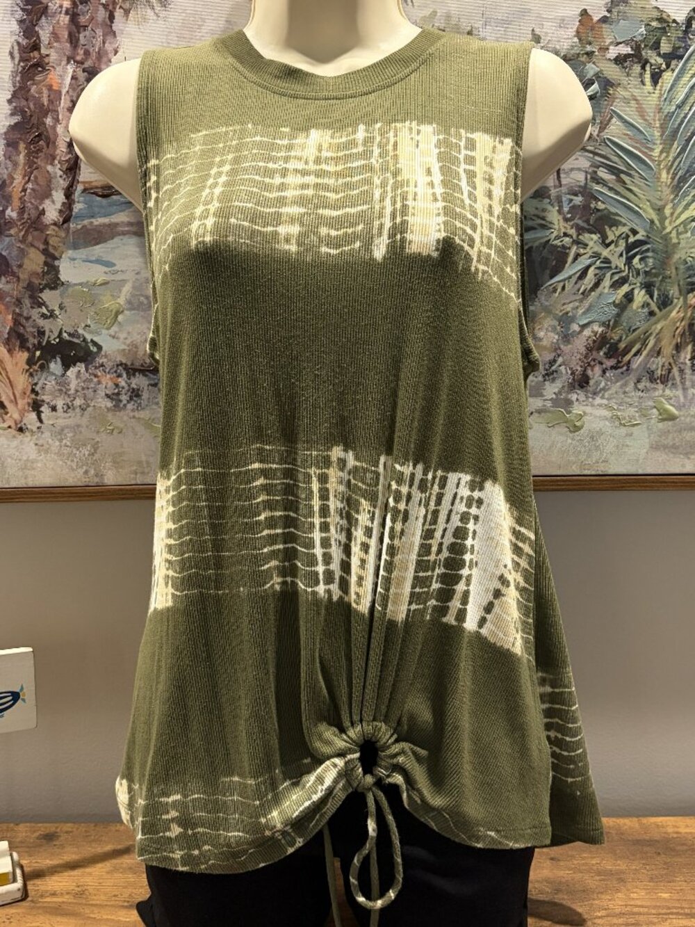 Creneau Olive Green & Ivory Tie Dye Ribbed Drawstring Tank Top.